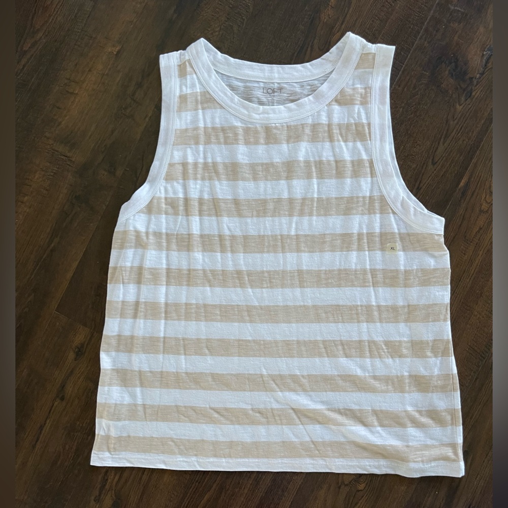 LOFT Crewneck Tan White Stripe Sleeveless Tank Top Preppy Classic Size XL NWOT - Picture 3 of 8